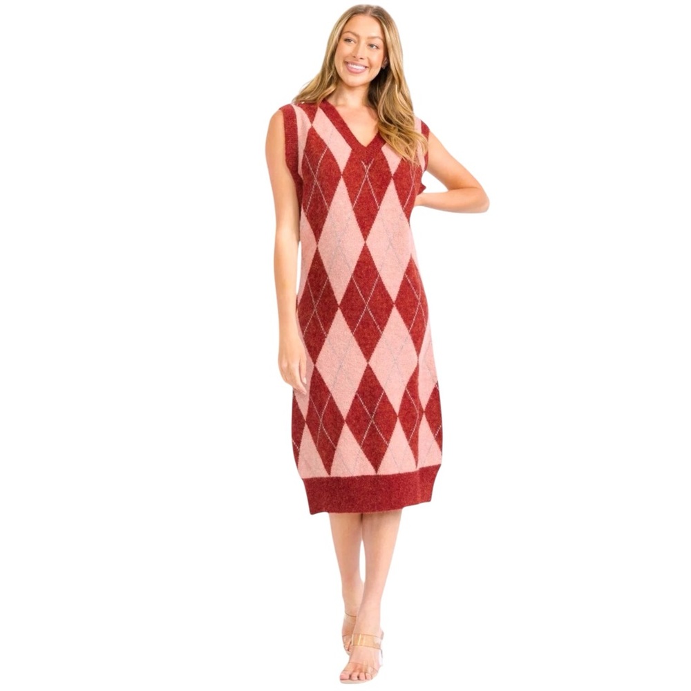Red & Pink Argyle Knit Sweater Dress – Sleeveless Midi V-Neck – Sizes S M L